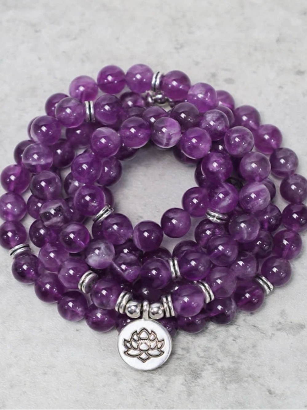Amethyst Purple Beaded Stone Mala Bracelet with Lotus Charm